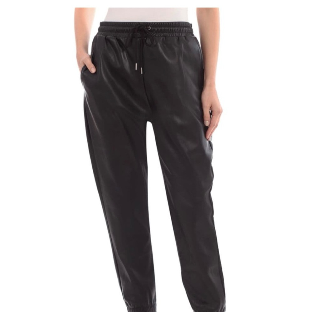 Casual Joggers black shiny stretch fabric high waisted drawstring size S